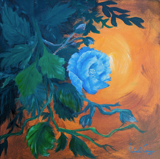 SOULFUL BLUE ROSE - Fine Art Print - Vivid Colors - Beautiful Blue Flower - Orange Background - Museums Quality Archival Paper with Felt Texture - Hahnemühle German Etching Paper