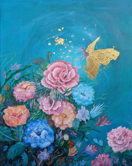 The Grace of Roses - With Golden Butterfly | Museums-Quality Fine Art Print | Perfect as a Gift